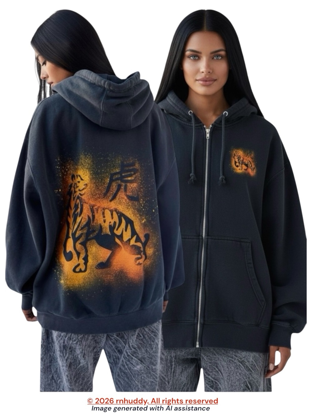 Urban Outfitters L/XL oversized black tiger zip up hoodie
